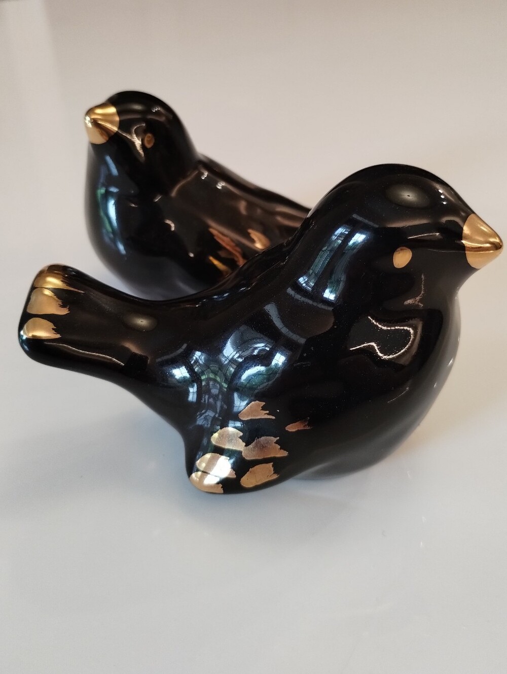 Bird figurines Black and Gold Ceramic - set of 2